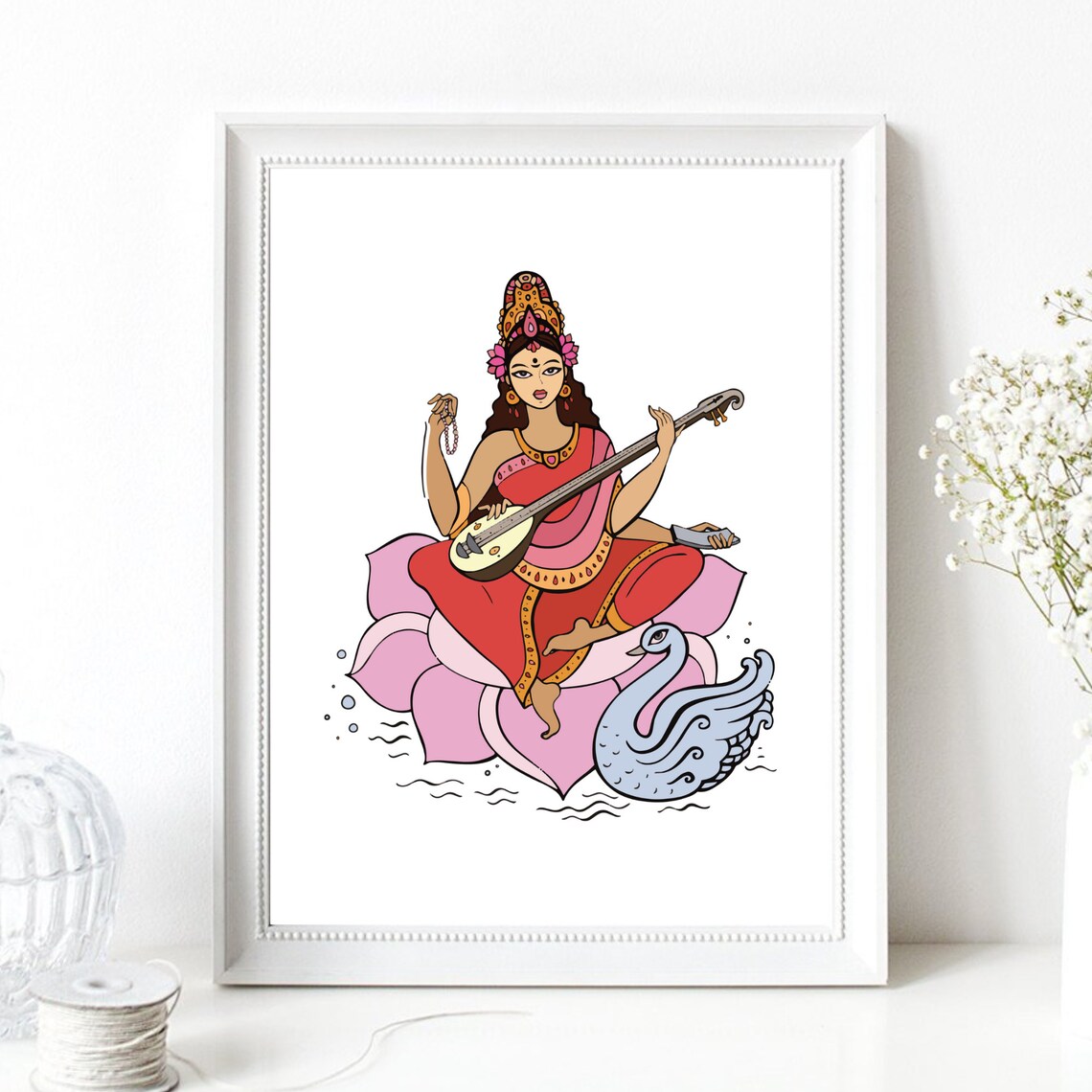 Goddess Saraswati Veena Lotus Swan Hindu Music Goddess Color Poster