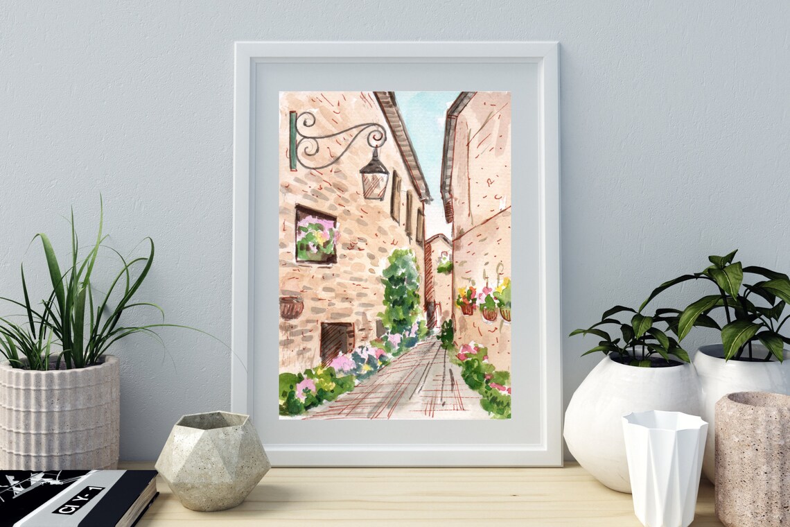 Romantic Italian Old Town Alley Flowers Watercolor Travel Poster - Image 2