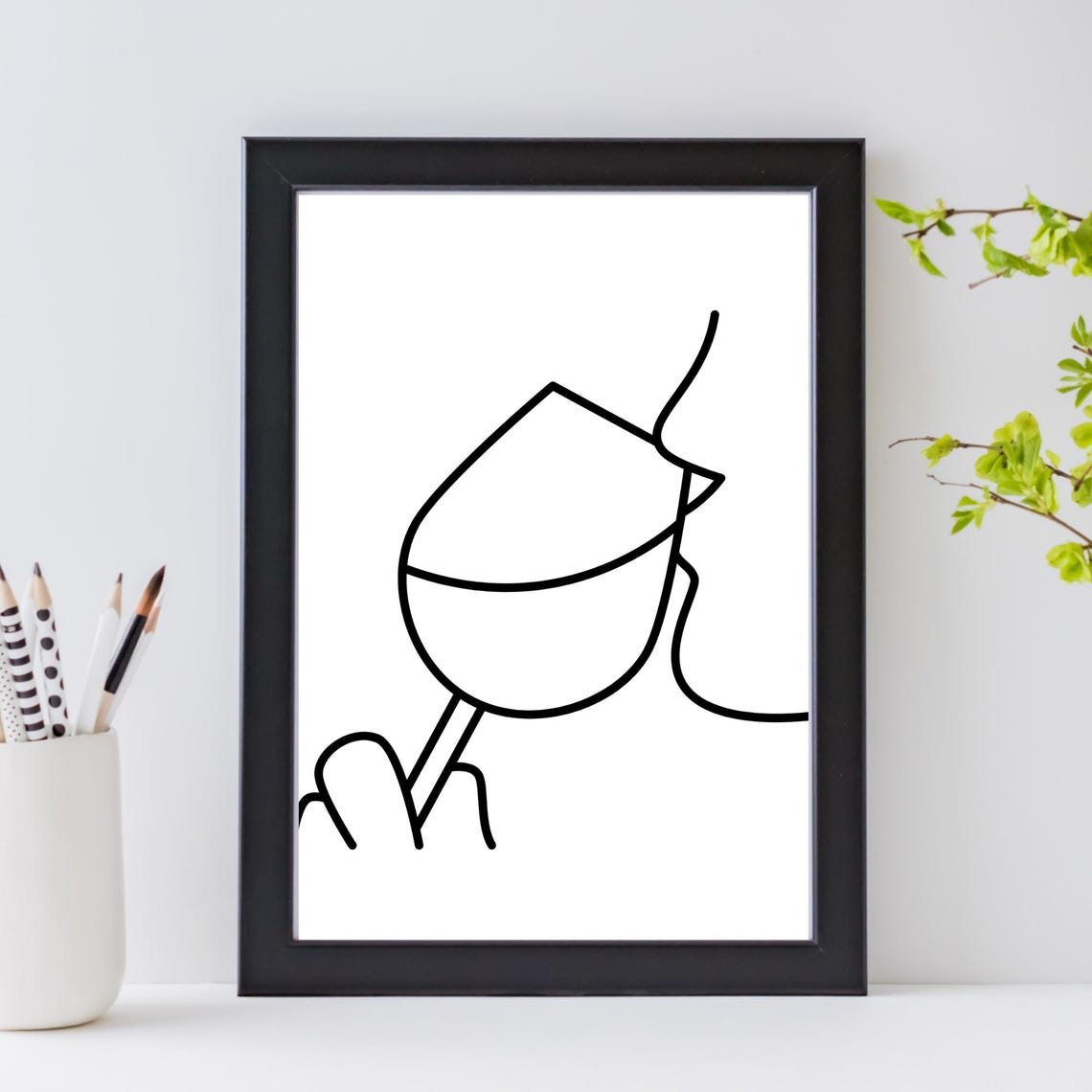 Wine Glass Line Art Minimalist Lips Drinking One Line Drawing Print