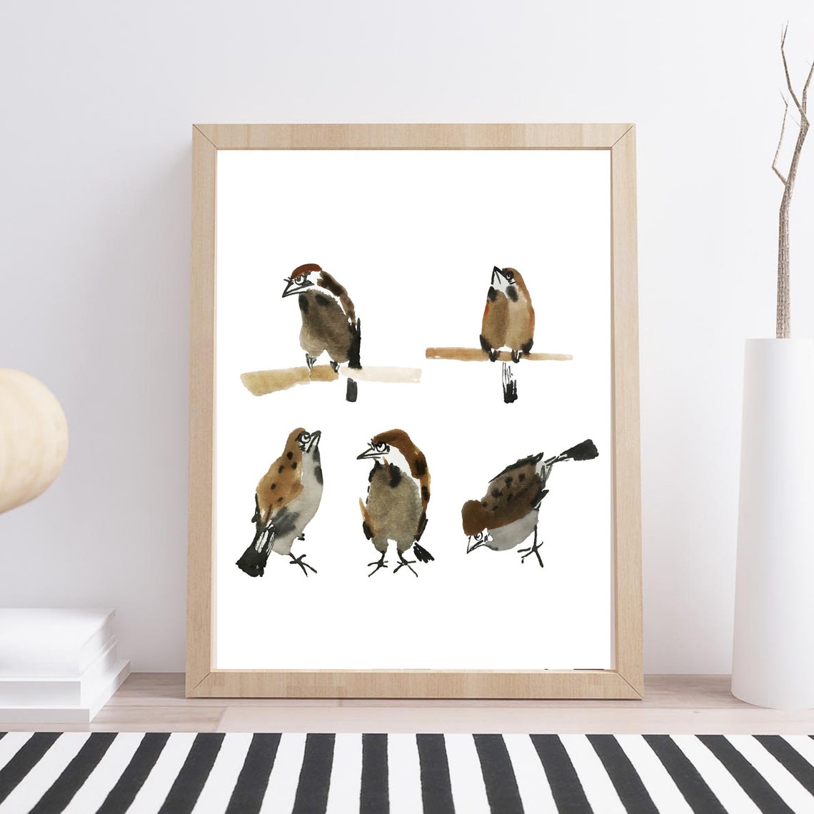 Five Sparrows Ink Wash Watercolor Small Birds Minimalist Art Print