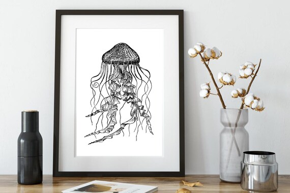 Din A4 Art Print Without Frame Jellyfish Medusa Sea Ocean Maritime Retro Vintage Drawing Picture Poster Print