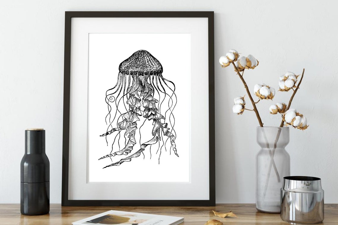 Jellyfish Sea Creature Vintage Ink Etching Drawing Art Print