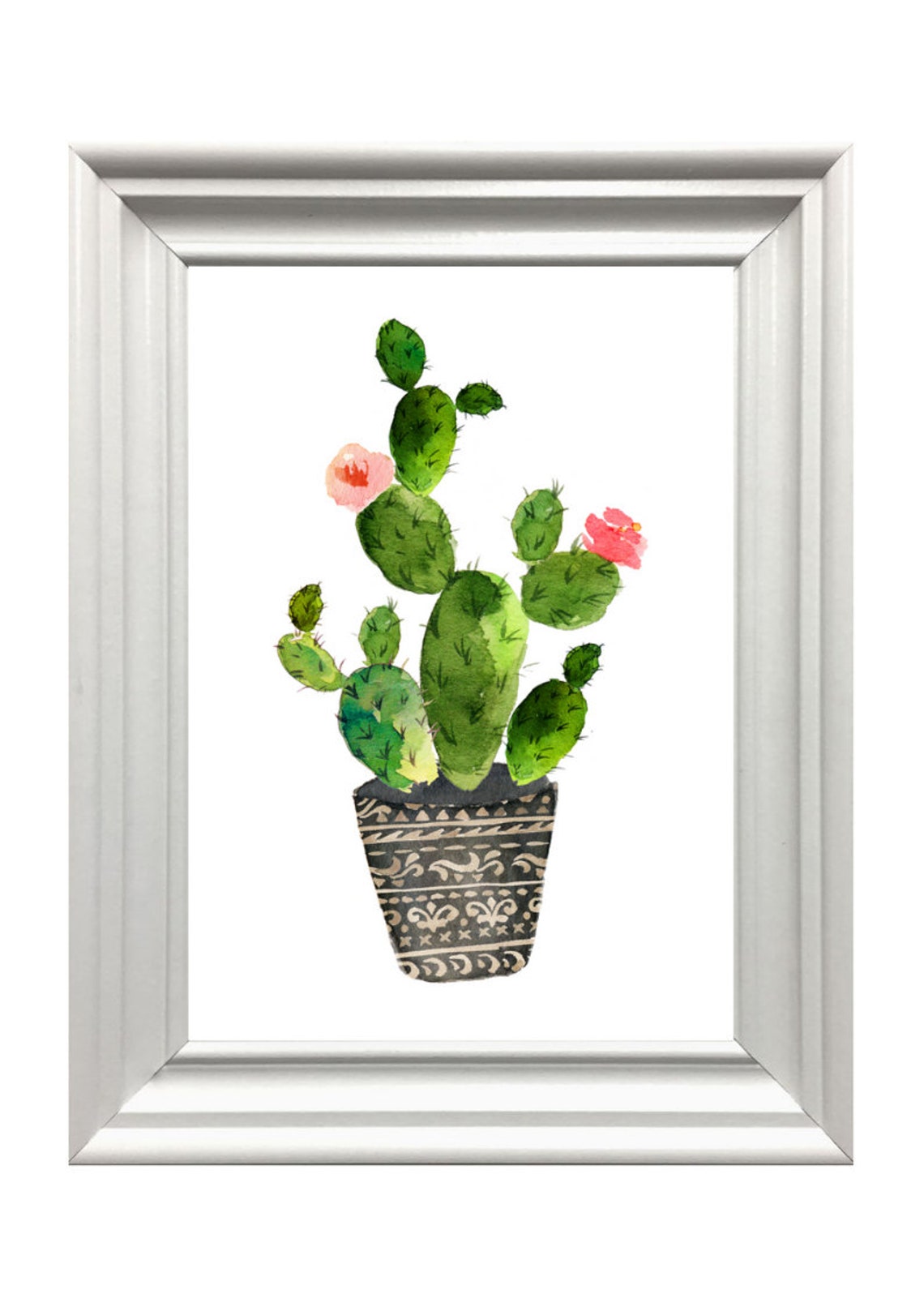 Prickly Pear Cactus Watercolor Poster Botanical Plant in Patterned Pot - Image 3