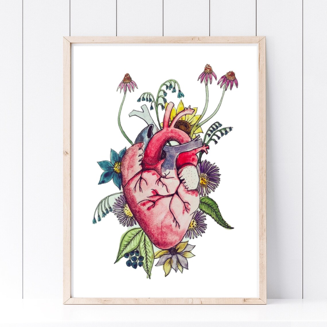 Floral Anatomical Human Heart Watercolor Botanical Wall Art Print