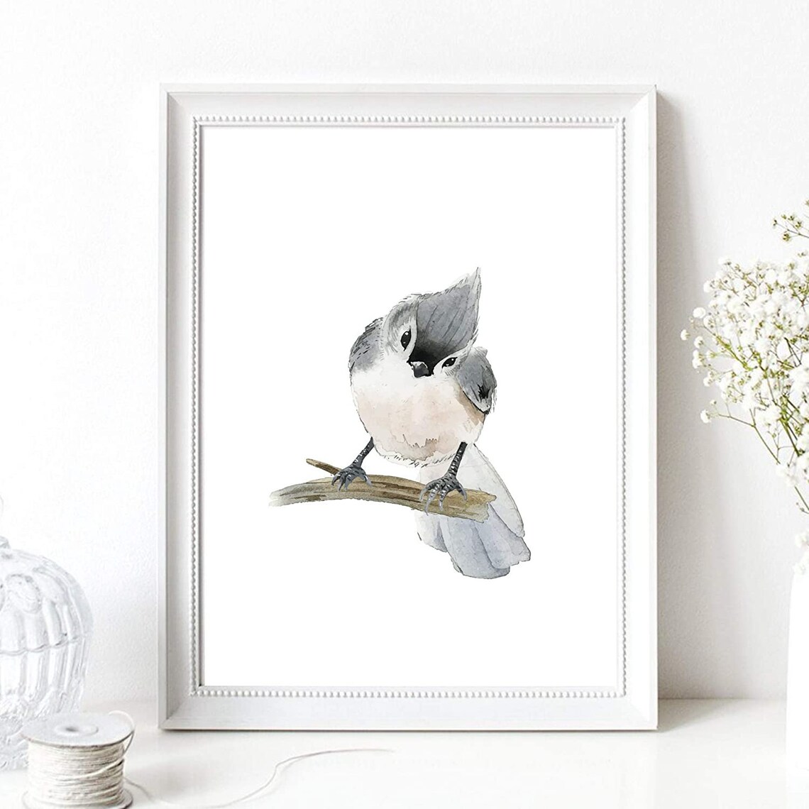 Crested Songbird On Branch Soft Watercolor Bird Portrait Art Print