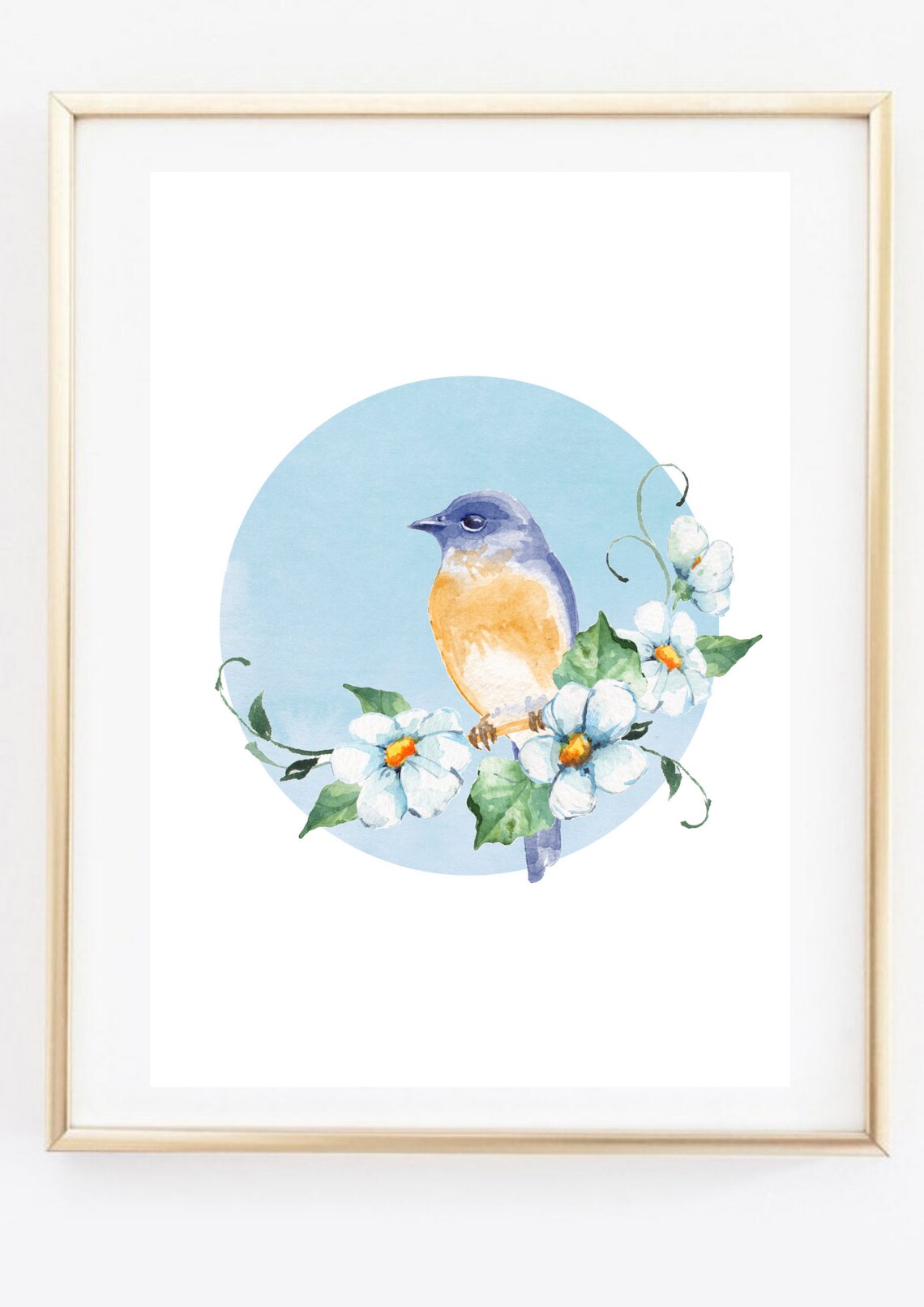 Blue and Orange Songbird on Flower Branch Watercolor Art Poster