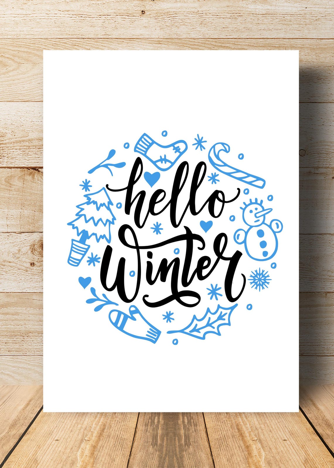 Hello Winter Blue Winter Doodle Wreath Hand Lettered Holiday Poster - Image 2