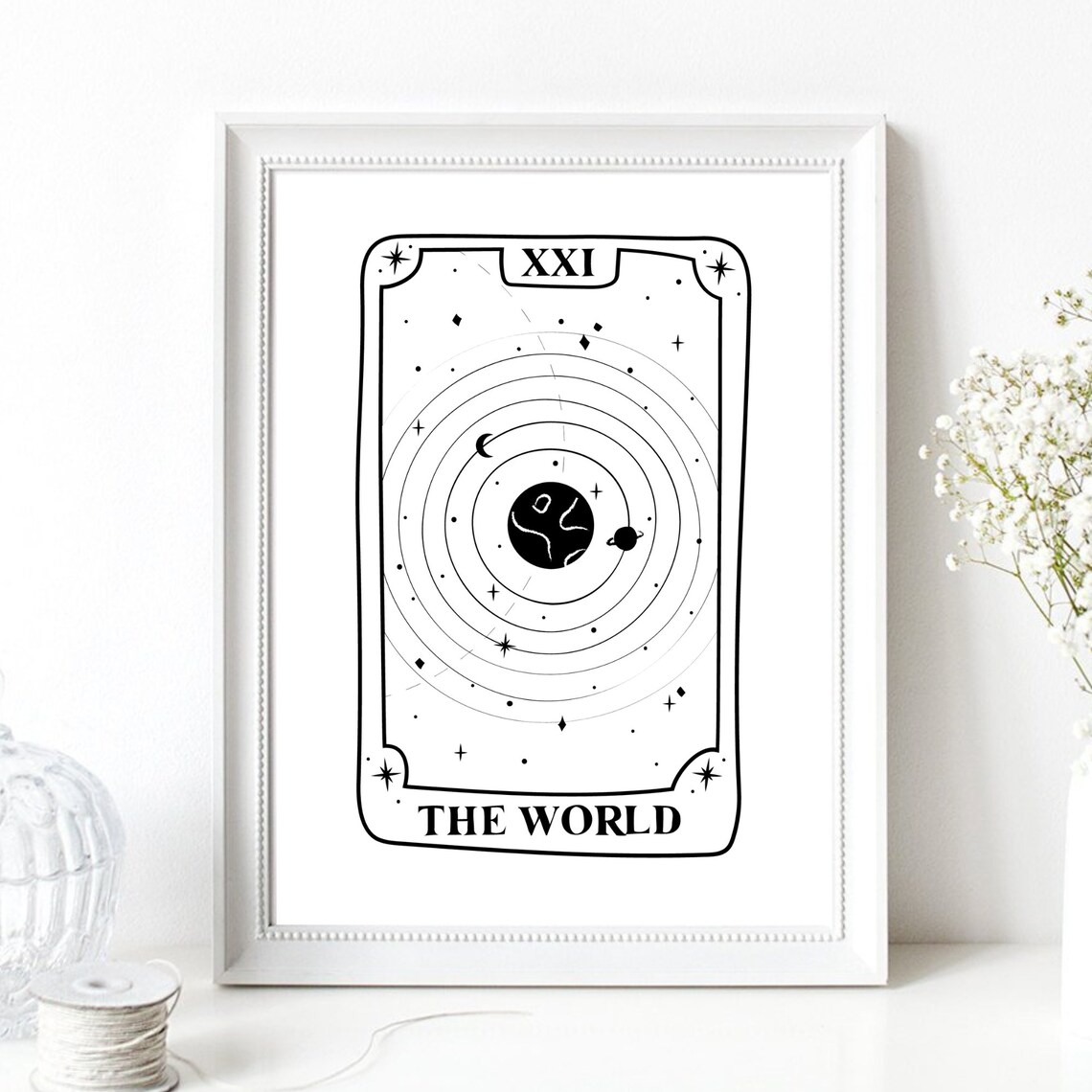 The World Tarot Card XXI Celestial Line Art Black White Mystical Wall Poster - Image 3