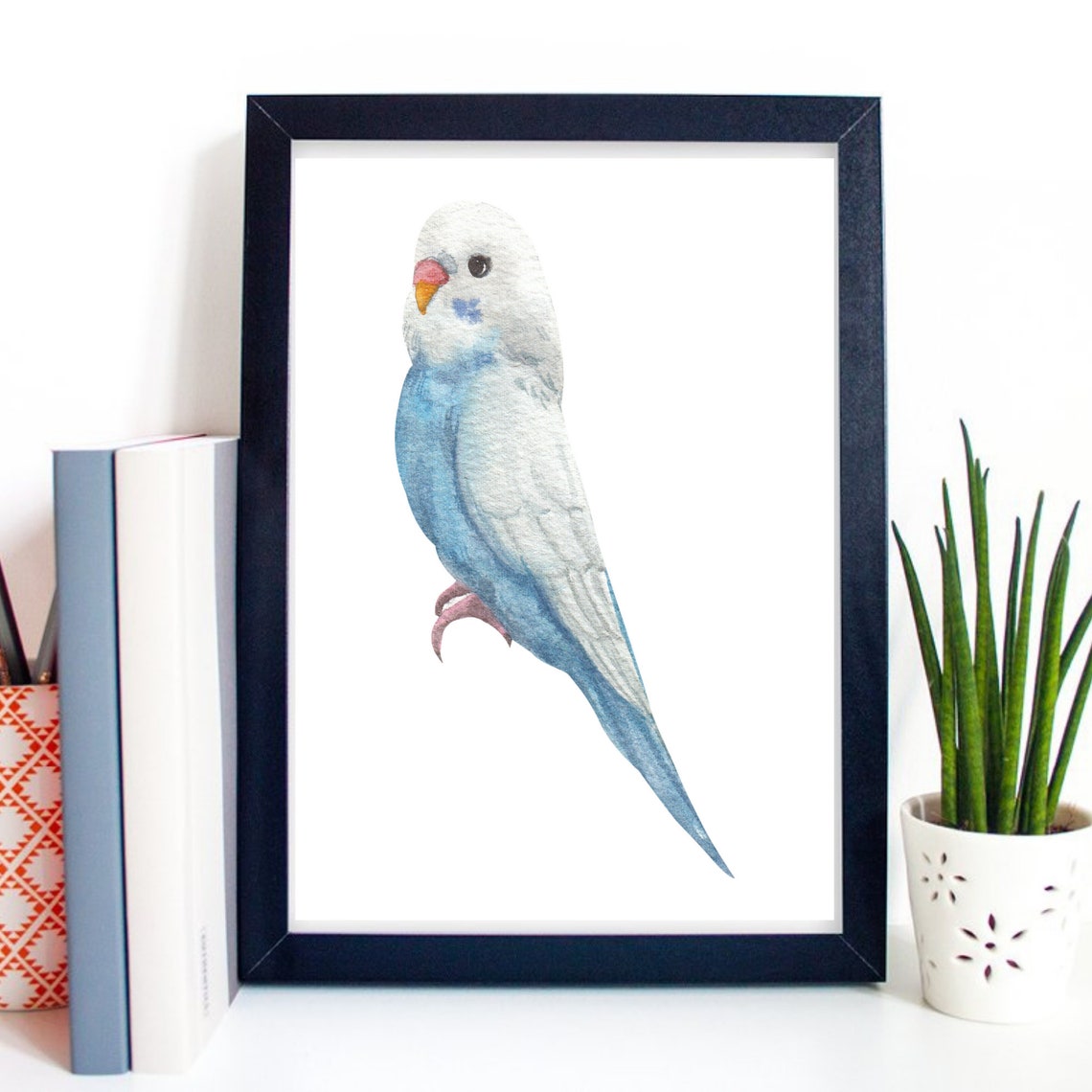 Blue and White Budgerigar Parakeet Watercolor Bird Portrait Art Poster - Image 3