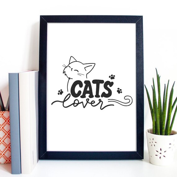 Cats Lover Typography Smiling Cat Head Paw Marks Graphic Poster