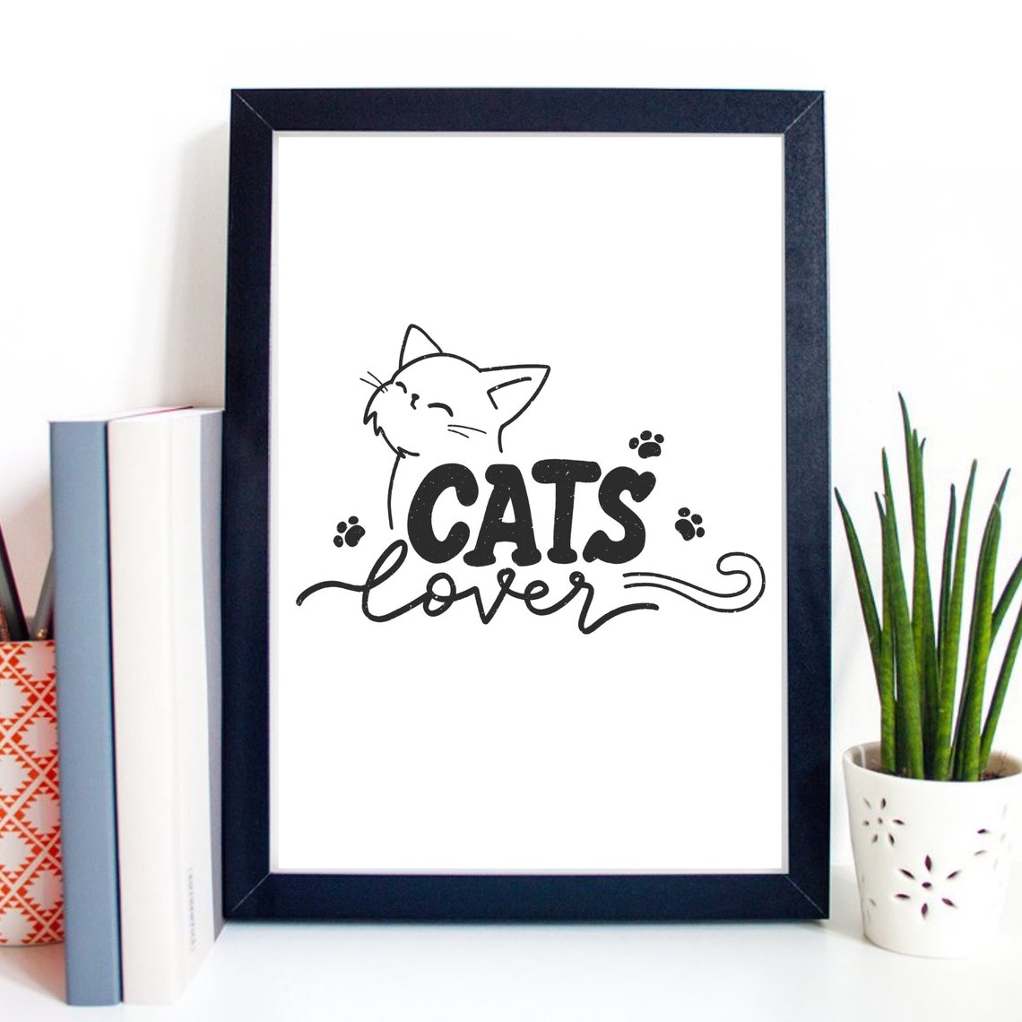 Cats Lover Typography Smiling Cat Head Paw Marks Graphic Poster