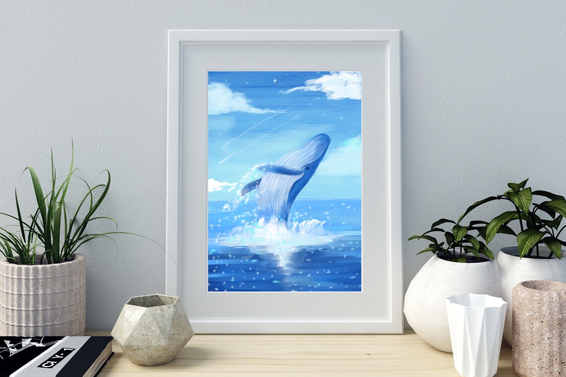 Din A4 Art Print Without Frame Jumping Whale Blue Whale Sea Ocean Watercolor Blue Maritime Print Poster Image - Image 3