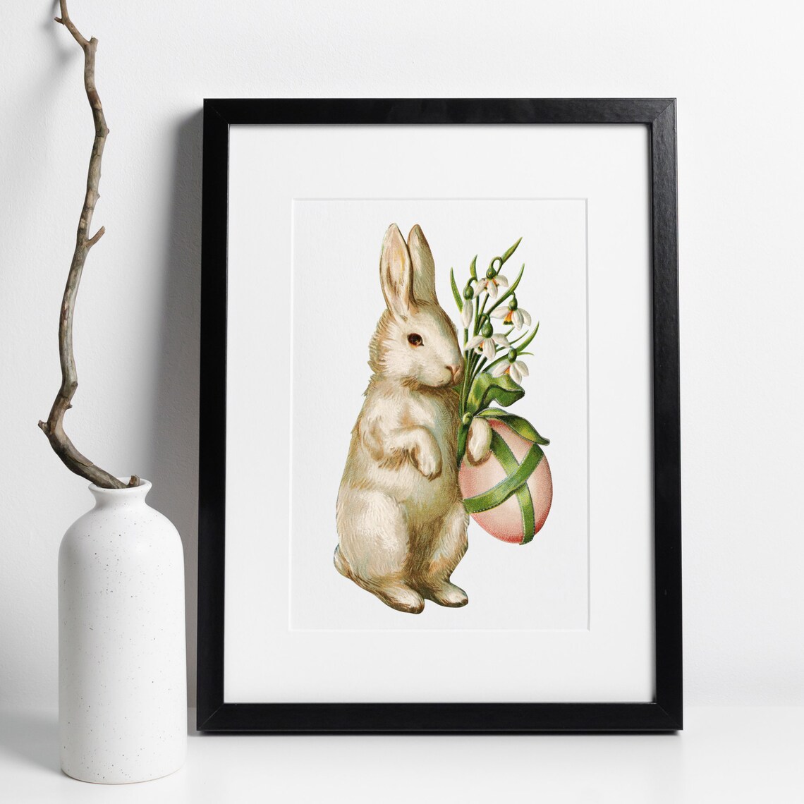 Vintage Easter Bunny Snowdrop Flowers Retro Holiday Animal Wall Art Print - Image 2