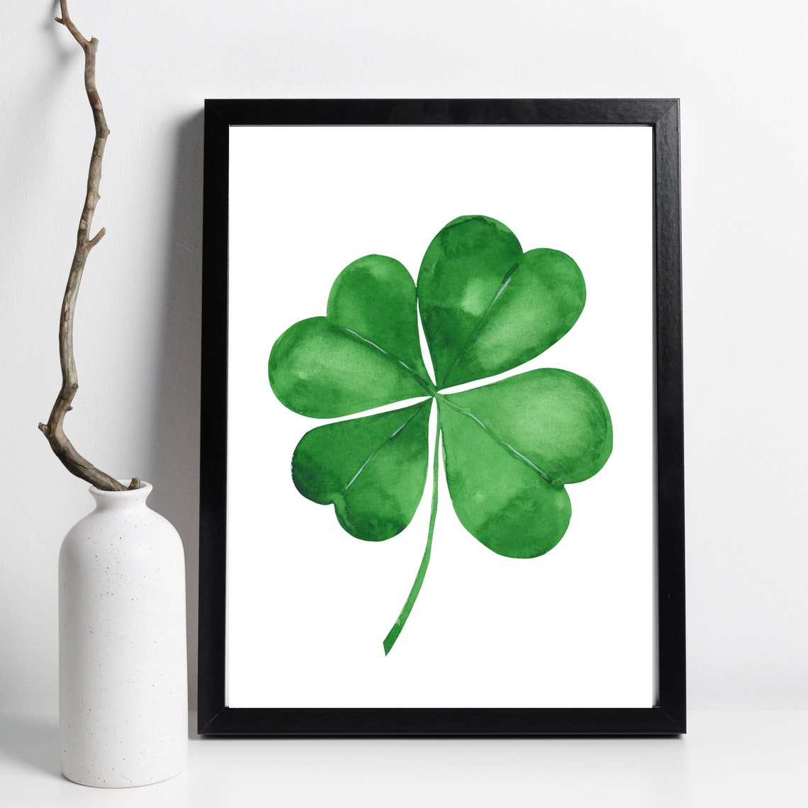 Four Leaf Clover Watercolor Lucky Charm Irish Shamrock Green Wall Art - Image 2