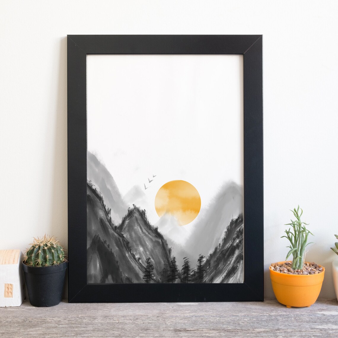 Golden Sun Rising Over Misty Ink Wash Mountain Peaks Art Poster - Image 2