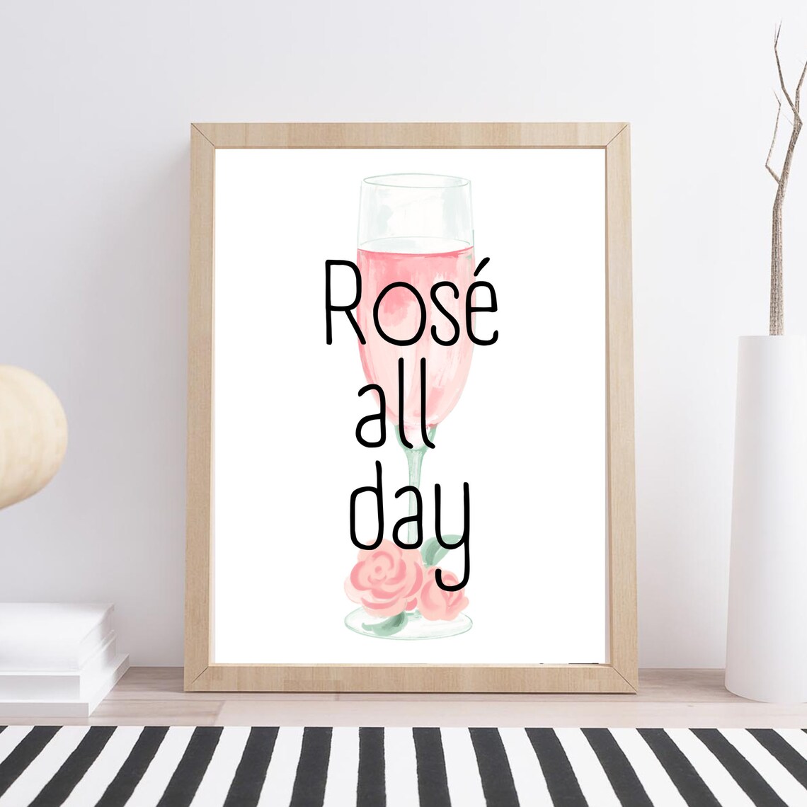 Rose All Day Wine Quote Watercolor Glass Floral Kitchen Wall Art