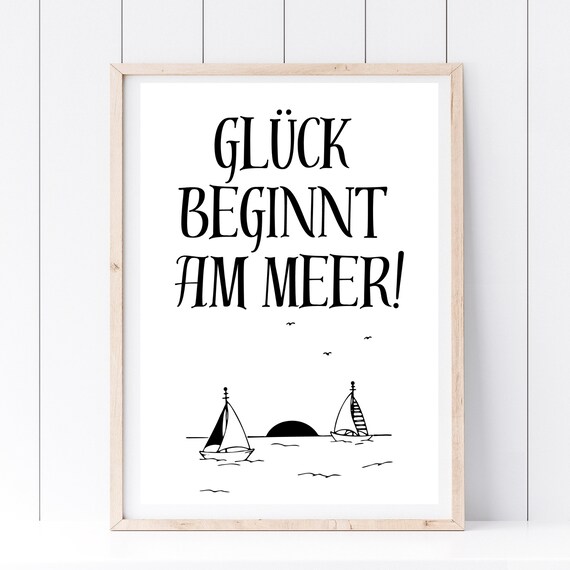 Happiness Begins at the Sea Sailboats German Quote Coastal Poster
