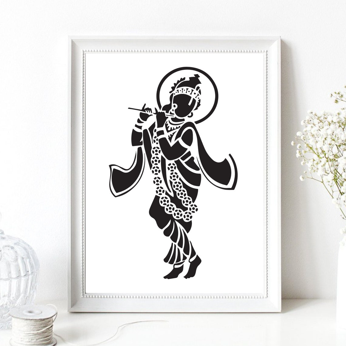 Lord Krishna Playing Flute Silhouette Black Graphic Yoga Decor Poster - Image 2