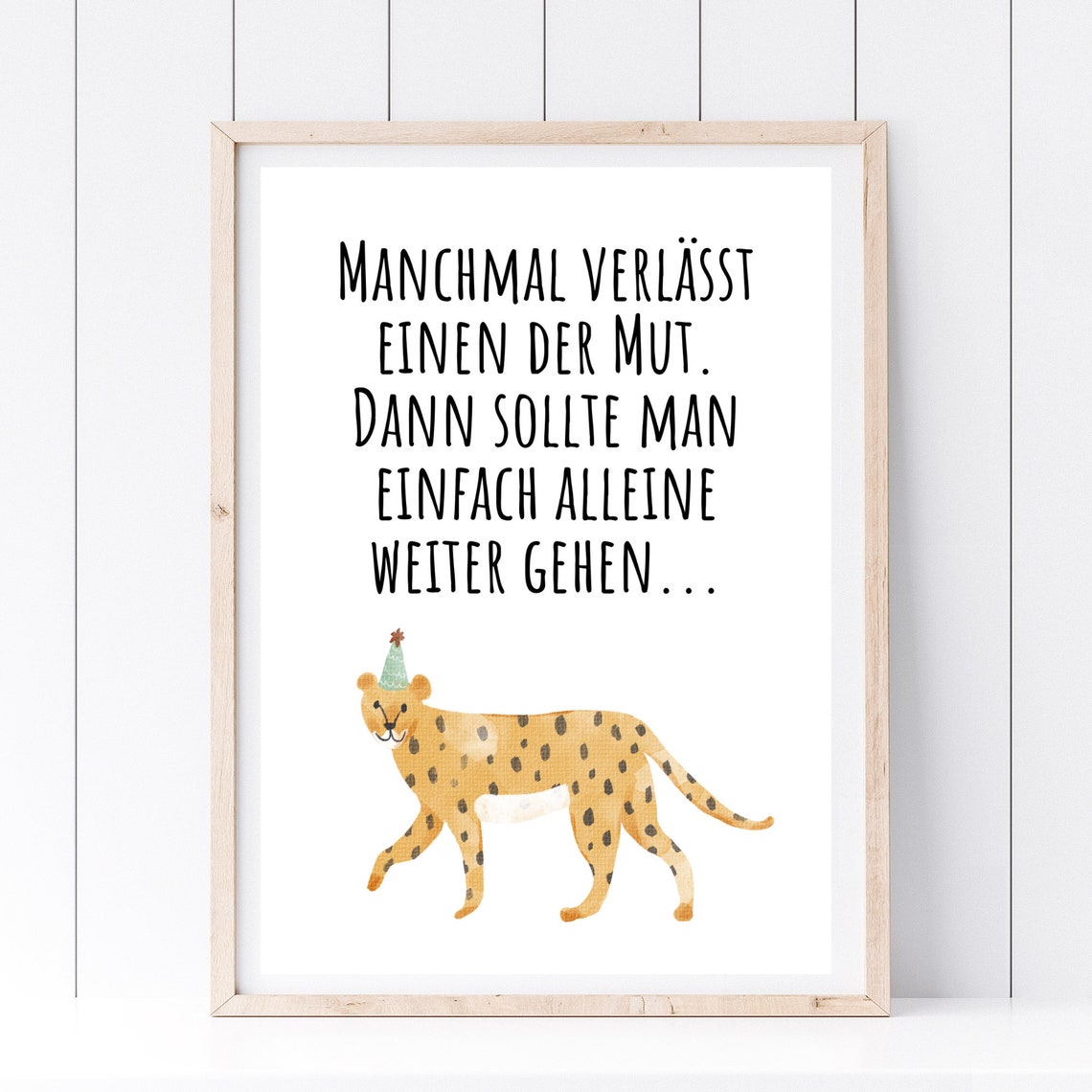 Courage Leopard Party Hat Funny German Saying Wall Art Print