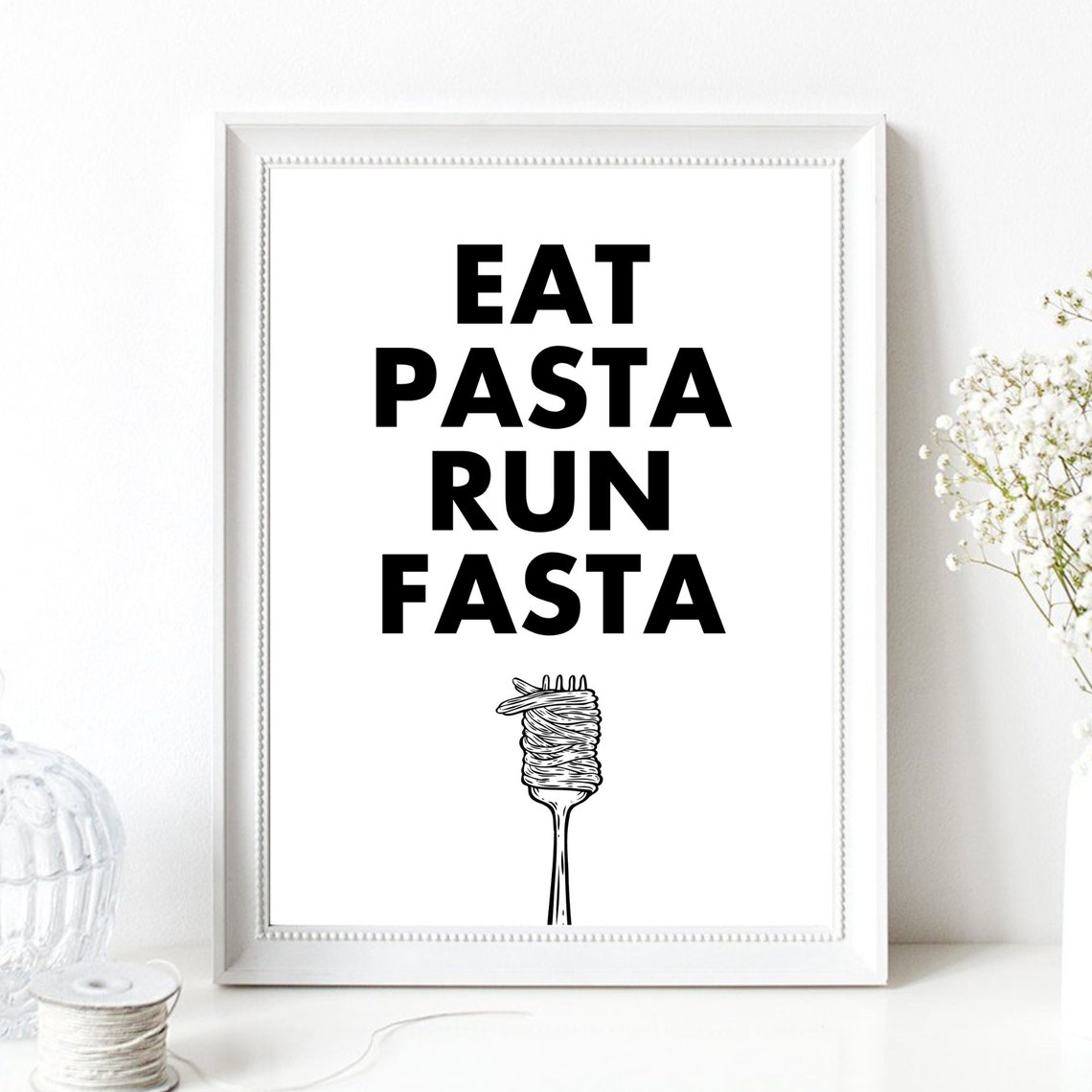 Eat Pasta Run Fasta Funny Kitchen Typography Spaghetti Fork Wall Art - Image 2