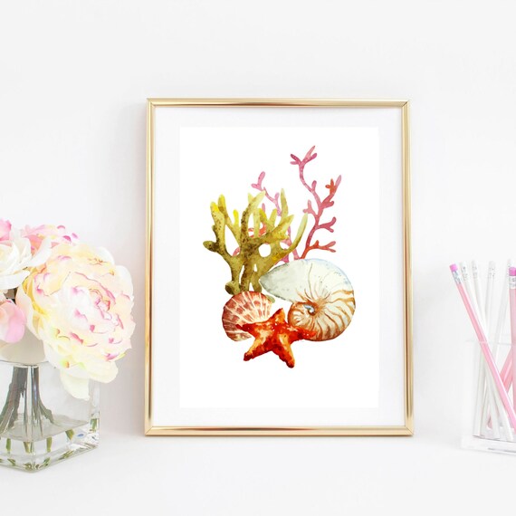 Din A4 Art Print Unframed Watercolor Coral Shells Starfish Maritime Sea Bathroom Image Poster Gift