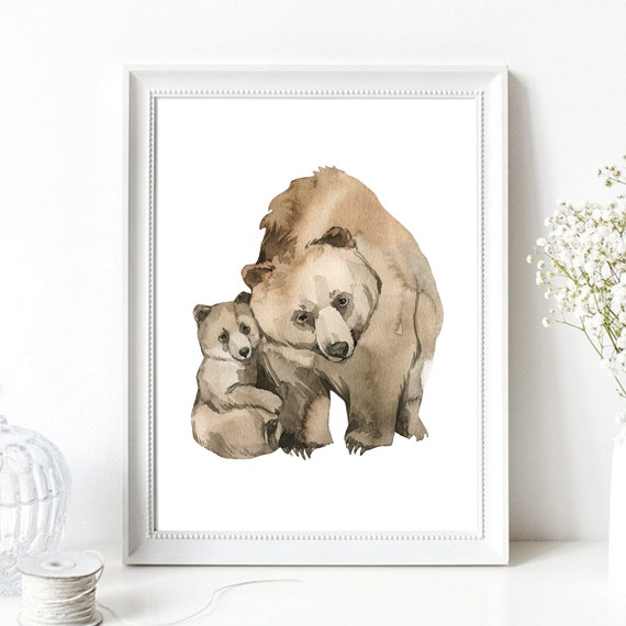 Din A4 Art Print Watercolor Bear With Child Bear Mother Brown Bear Forest Animal Print Picture Poster Without Frame