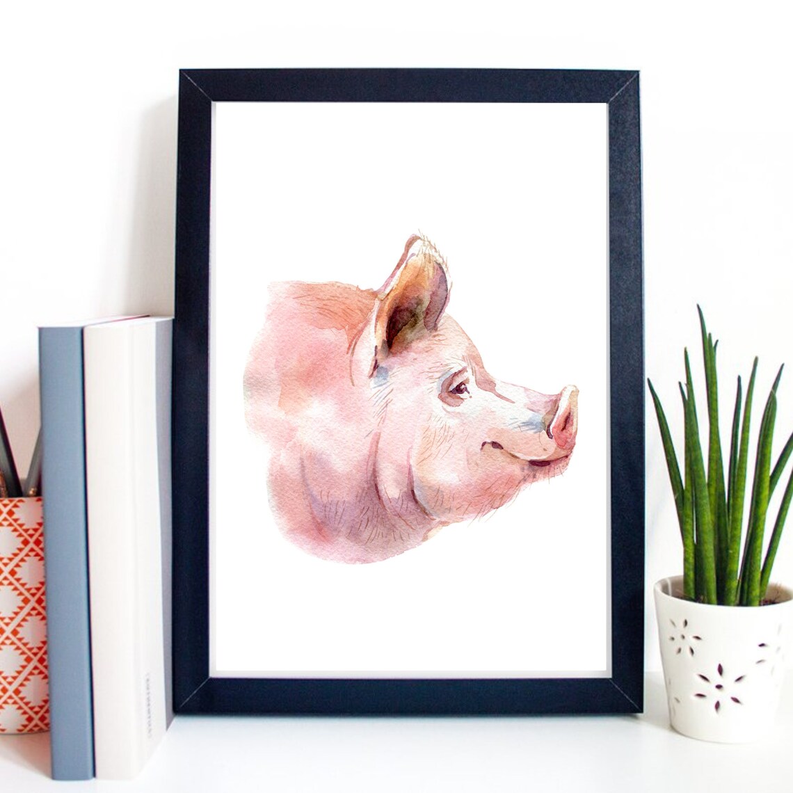 Pink Pig Head Profile Watercolor Farm Animal Portrait Art Print - Image 2