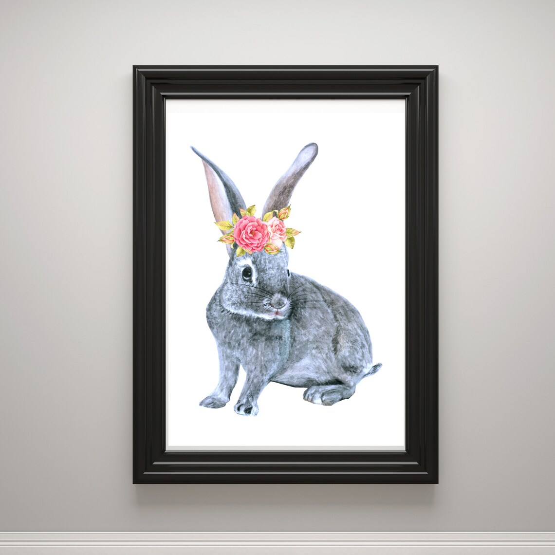 Grey Bunny With Pink Rose Flower Crown Watercolor Nursery Art Poster - Image 2