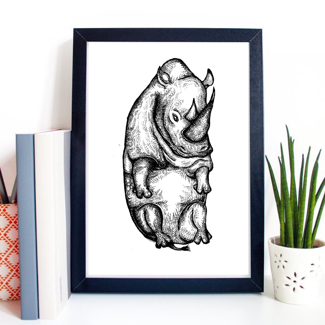 Rhinoceros Black Ink Drawing Detailed Engraving Style Animal Art Print - Image 3
