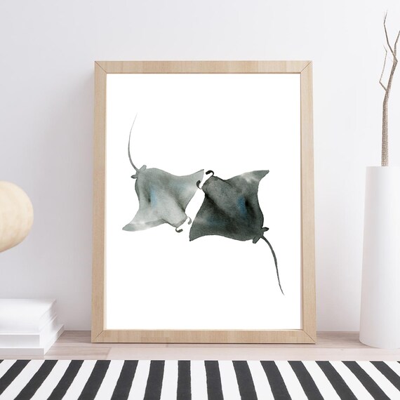 Manta Rays Pair Watercolor Minimalist Ocean Animal Wall Decor Art Poster