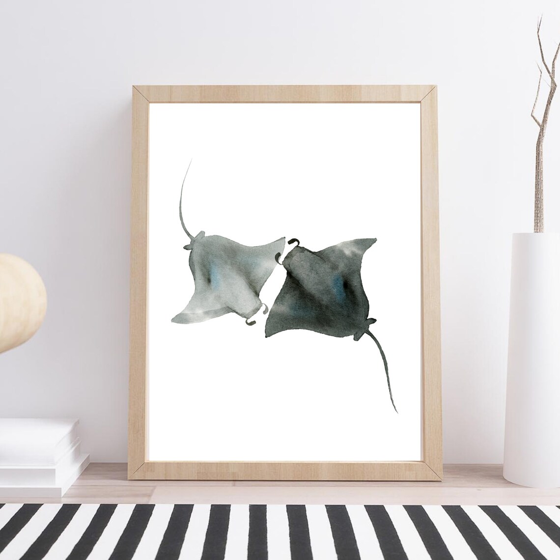 Manta Rays Pair Watercolor Minimalist Ocean Animal Wall Decor Art Poster