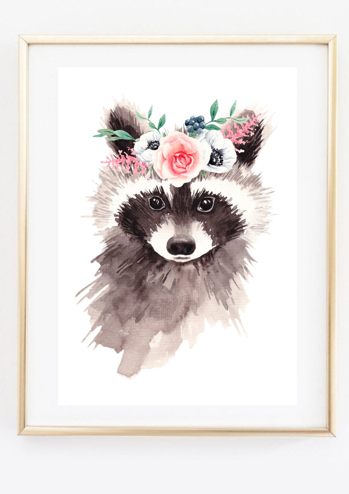 Raccoon Flower Crown Watercolor Cute Floral Woodland Animal Art Print - Image 3