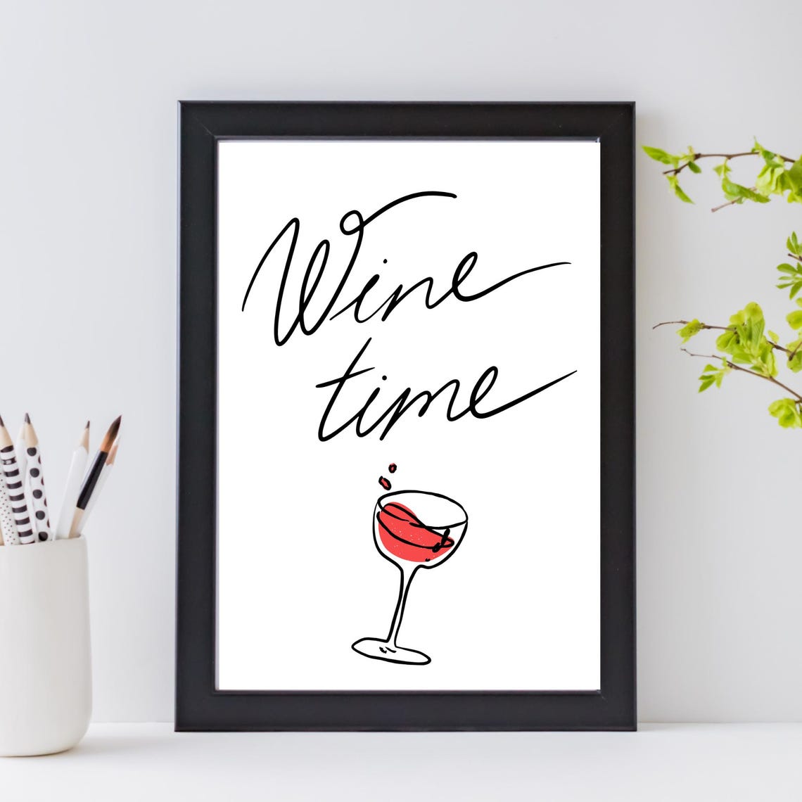 Wine Time Script Red Wine Glass Black White Kitchen Typography Print - Image 3