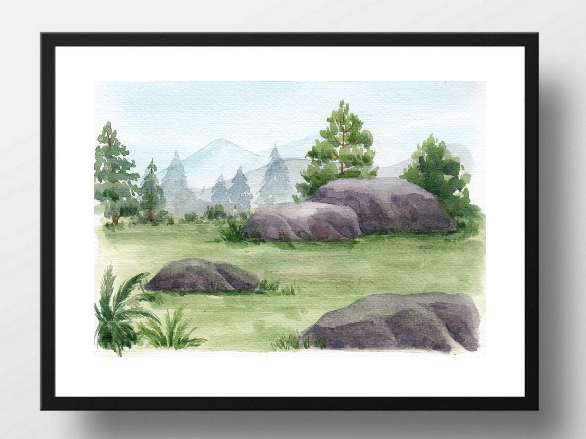 Watercolor Mountain Meadow Rocks Pine Forest Nature Landscape Poster