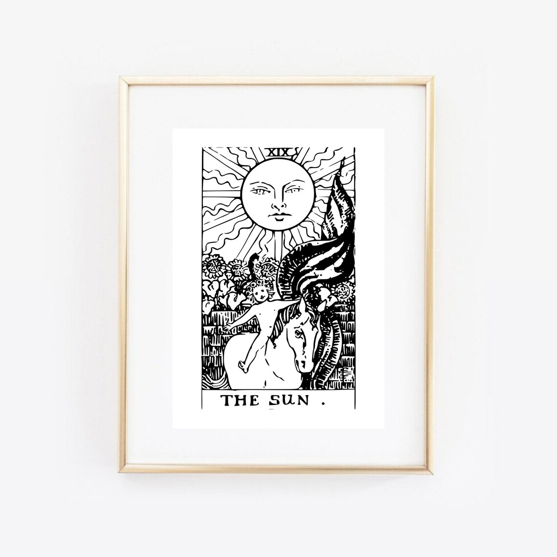 The Sun Tarot Card Black Line Rider Waite Child Horse Art Print - Image 3