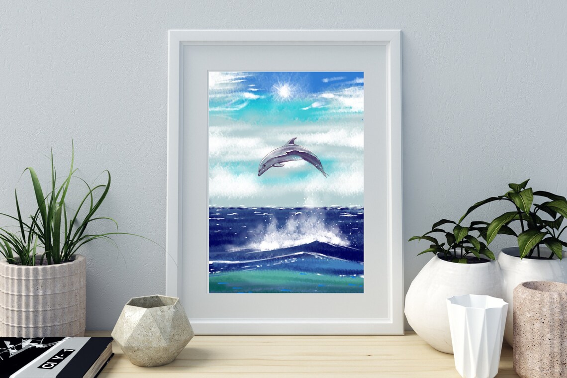 Din A4 Art Print Without Frame Jumping Dolphin Dolphin Sea Ocean Watercolor Blue Maritime Print Poster Image - Image 2
