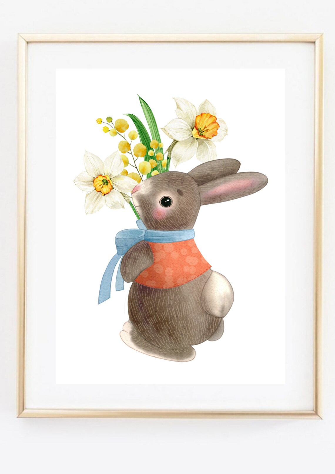 Easter Bunny With Daffodils Spring Flowers Watercolor Art Print - Image 3