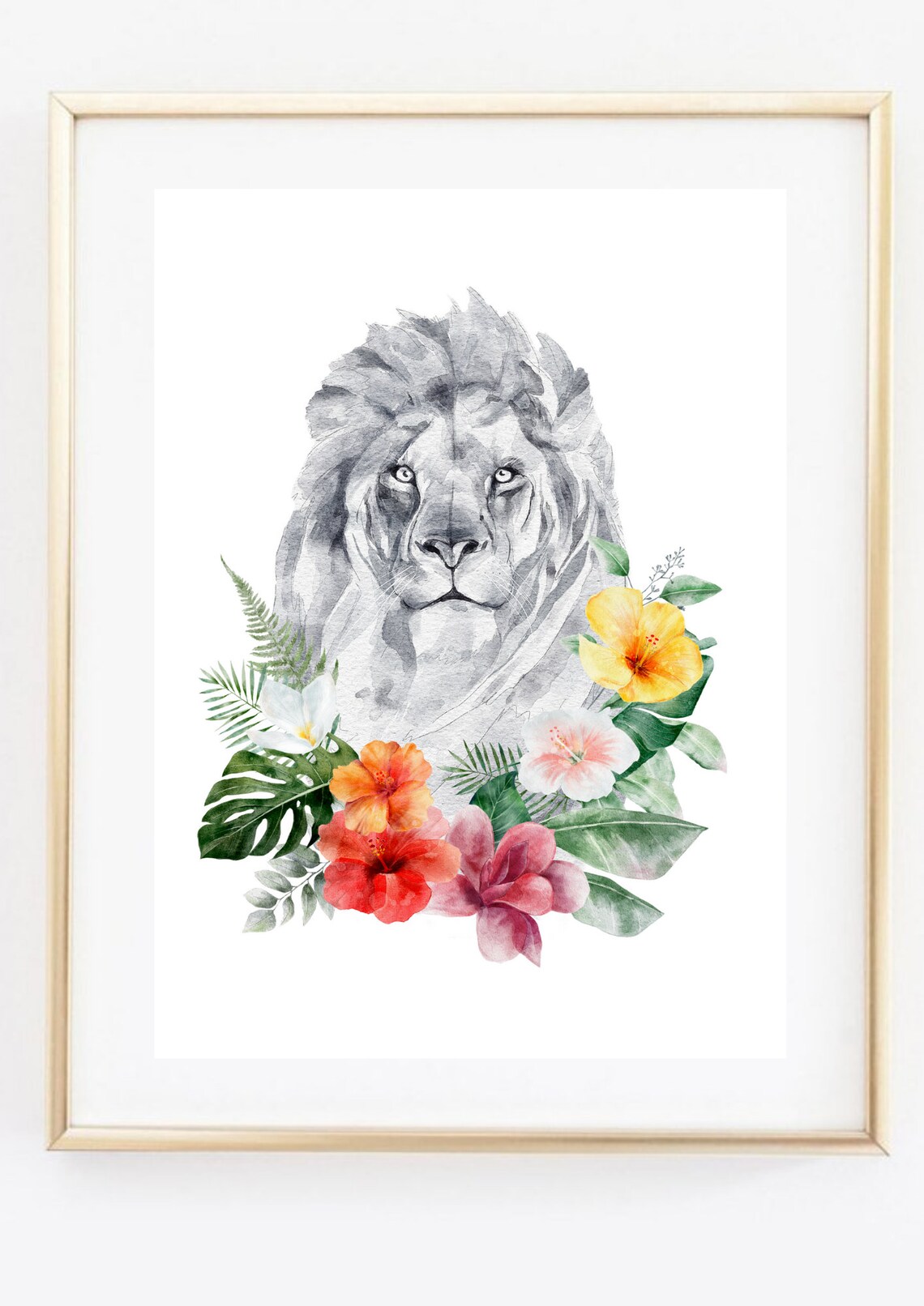 Lion Head Tropical Hibiscus Flowers Watercolor Wildlife Wall Art - Image 3