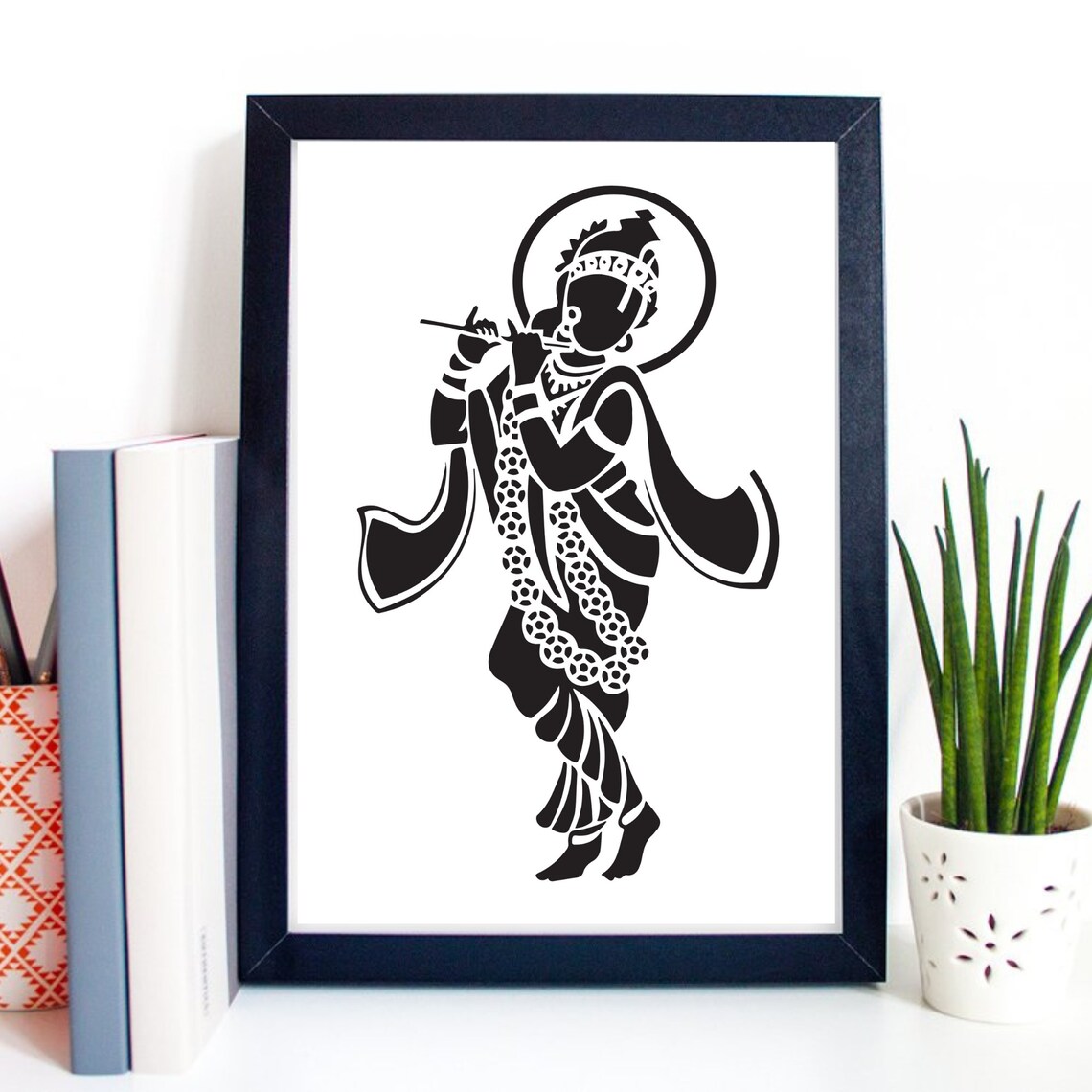 Lord Krishna Playing Flute Silhouette Black Graphic Yoga Decor Poster