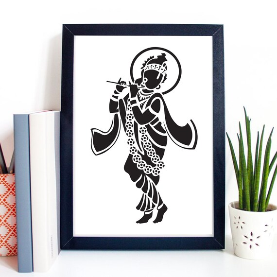 Lord Krishna Playing Flute Silhouette Black Graphic Yoga Decor Poster