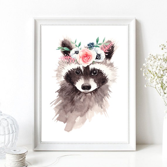 Din A4 Art Print Without Frame Cute Raccoon With Flower Wreath Bear Romance Roses Watercolor Poster Print Picture