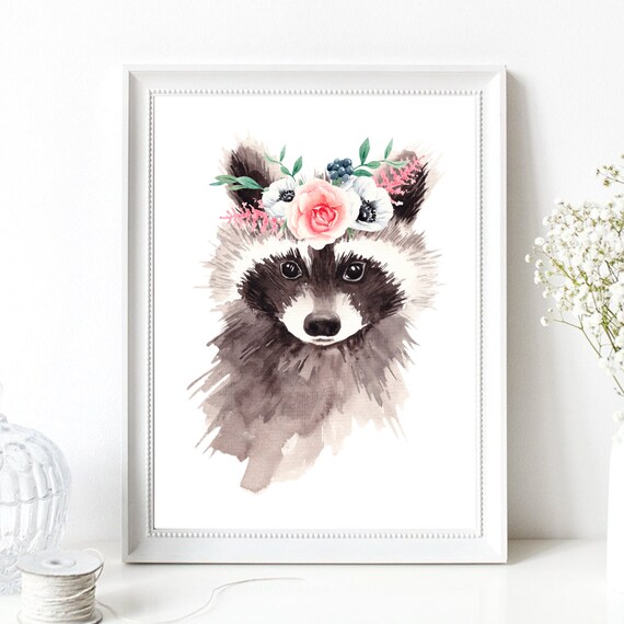 Raccoon Flower Crown Watercolor Cute Floral Woodland Animal Art Print