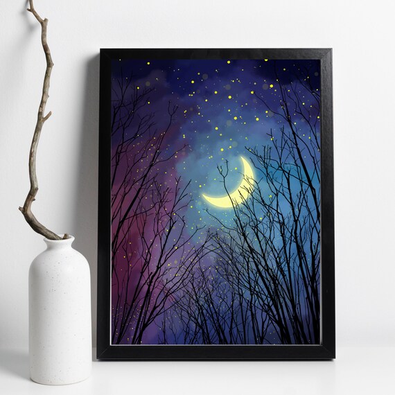 Crescent Moon Starry Night Sky Silhouette Trees Celestial Wall Art