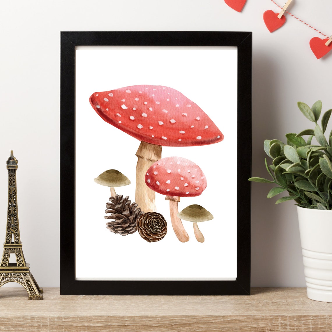 Red Fly Agaric Mushrooms with Pinecones Watercolor Autumn Wall Art - Image 2