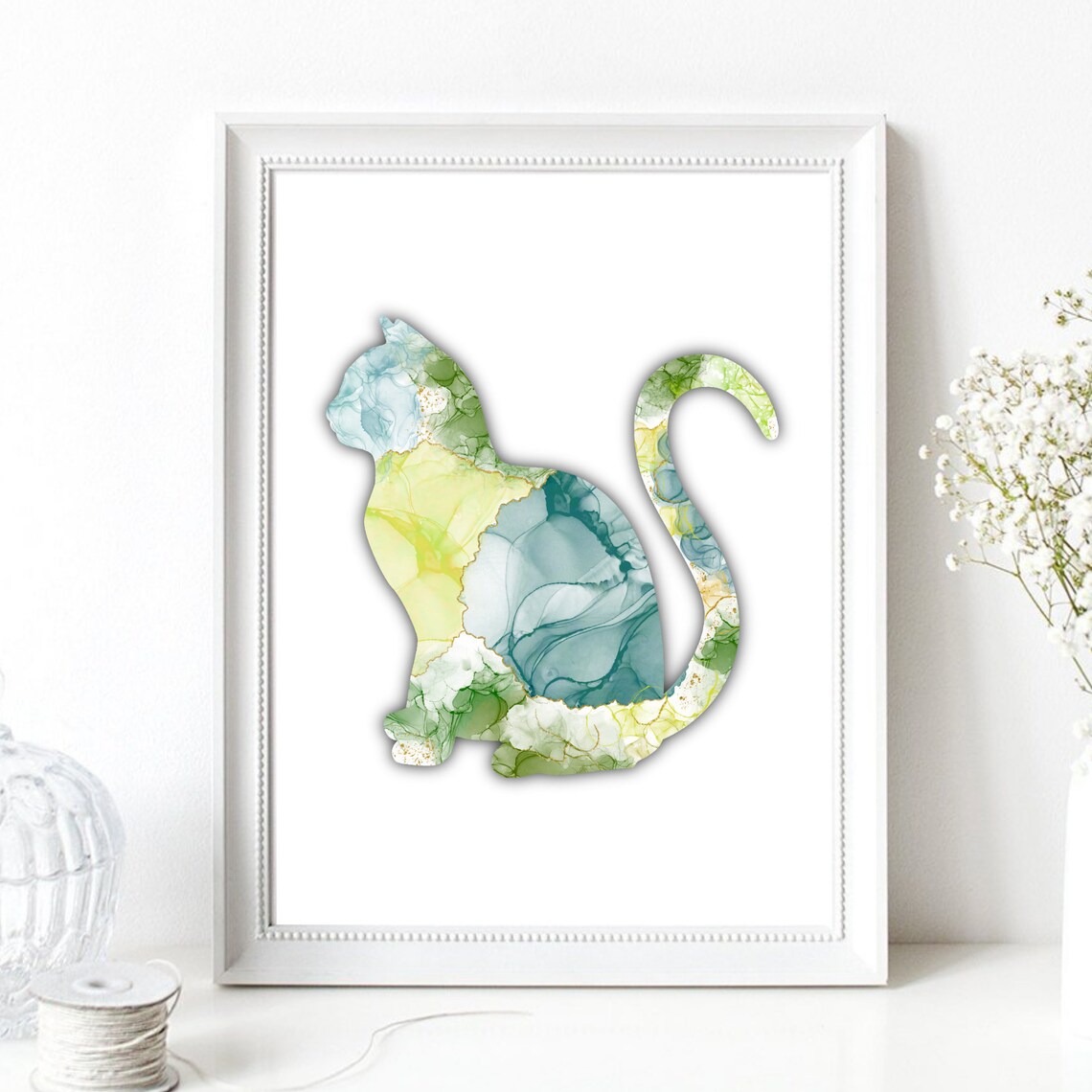 Sitting Cat Silhouette Green Yellow Watercolor Marble Art Poster - Image 2