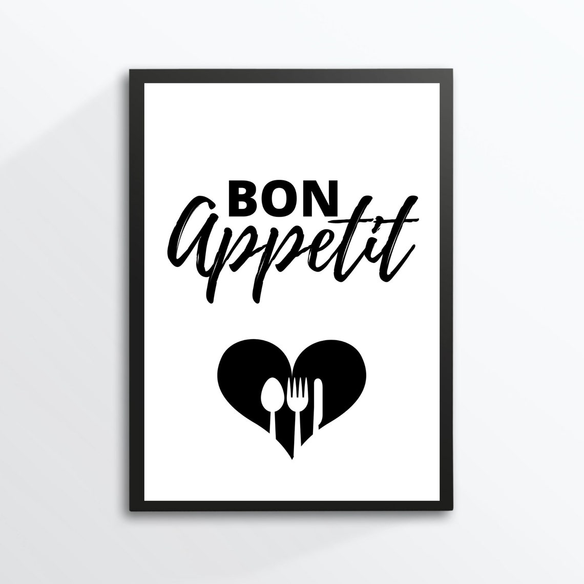 Bon Appetit Script Kitchen Poster with Cutlery Heart Dining Room Decor
