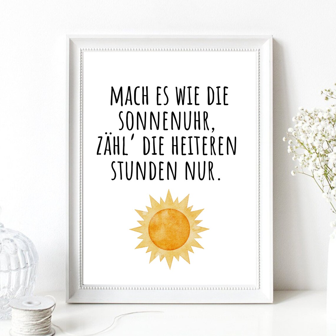 German Sundial Quote Count The Happy Hours Watercolor Sun Art Poster - Image 2