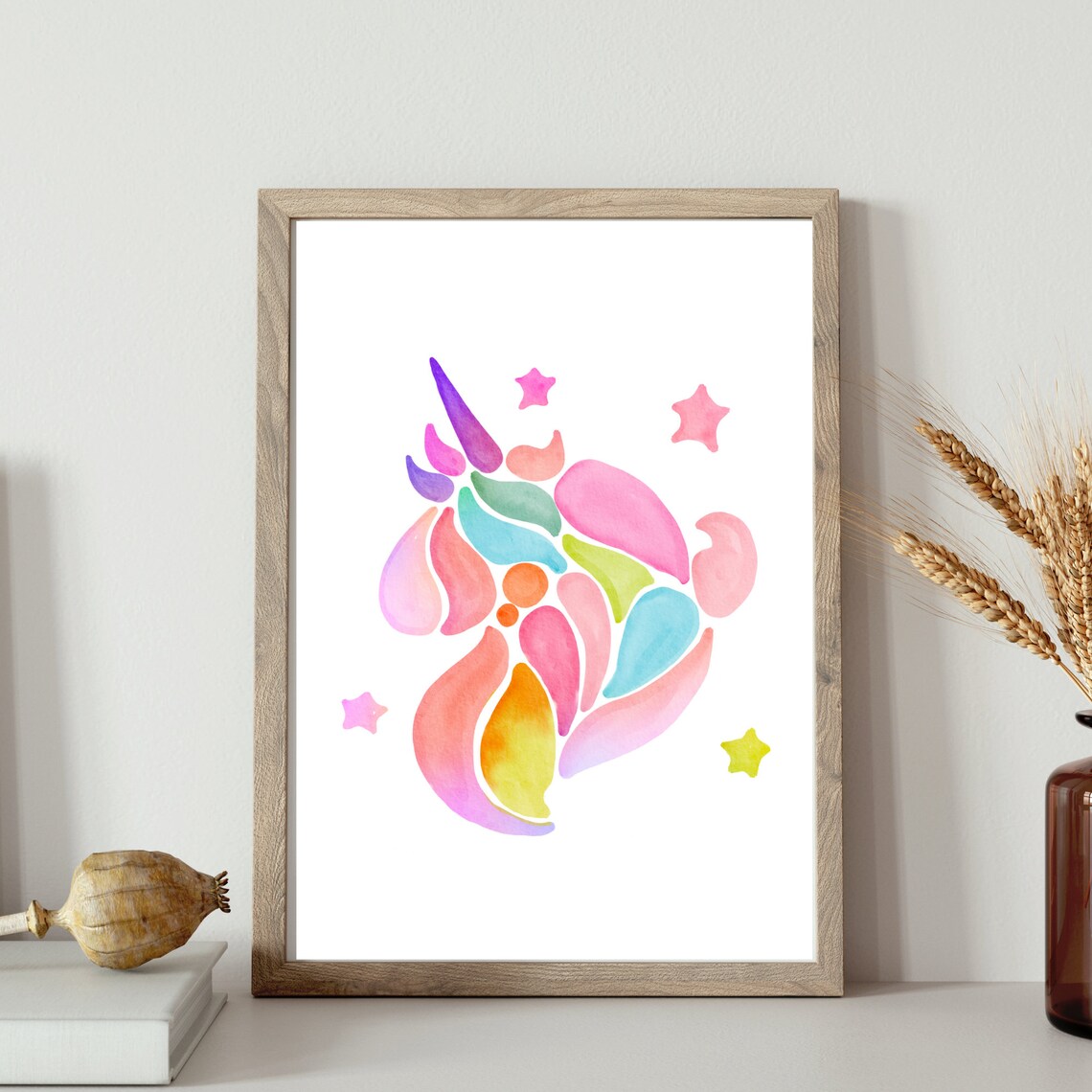 Pastel Unicorn Head Starry Watercolor Scandi Style Magical Nursery Poster - Image 3