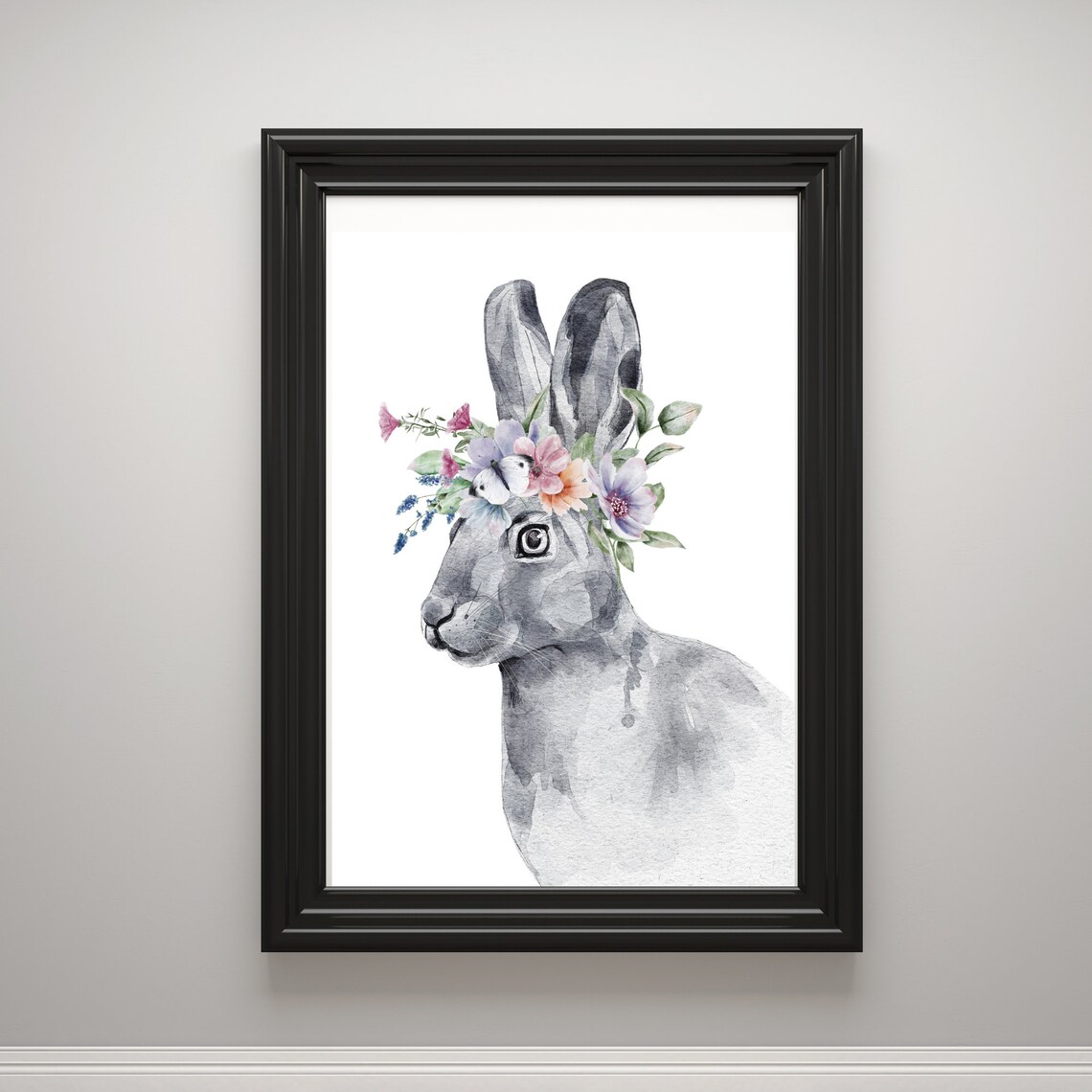 Grey Rabbit With Pastel Flower Wreath Watercolor Bunny Wall Art Poster