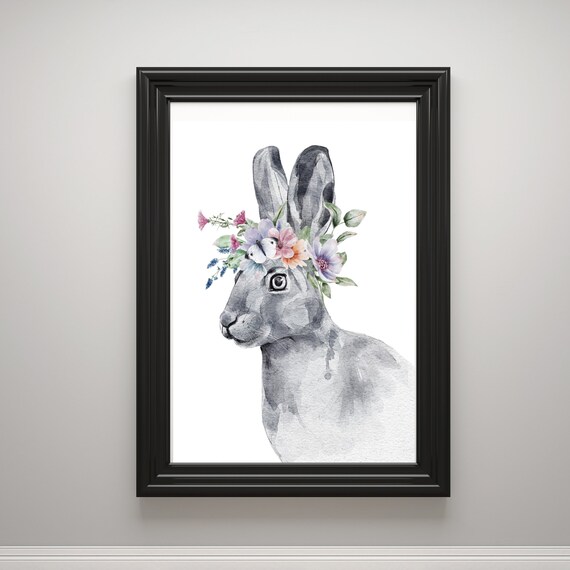 Grey Rabbit With Pastel Flower Wreath Watercolor Bunny Wall Art Poster